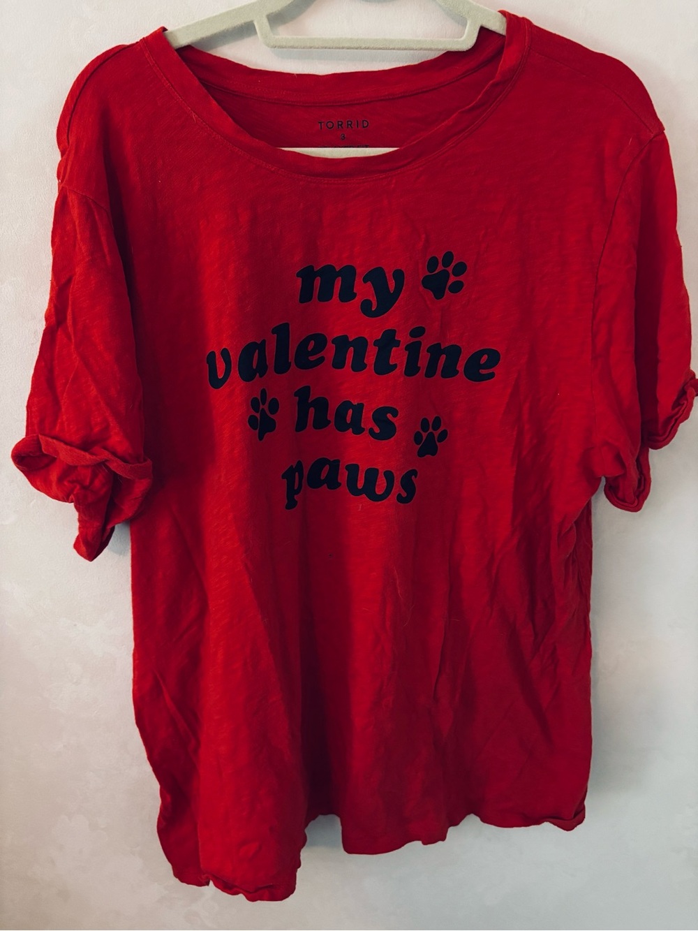TORRID Size 3- "MY VALENTINE HAS PAWS" Classic Fit Heritage Slub Roll Sleeve Tee